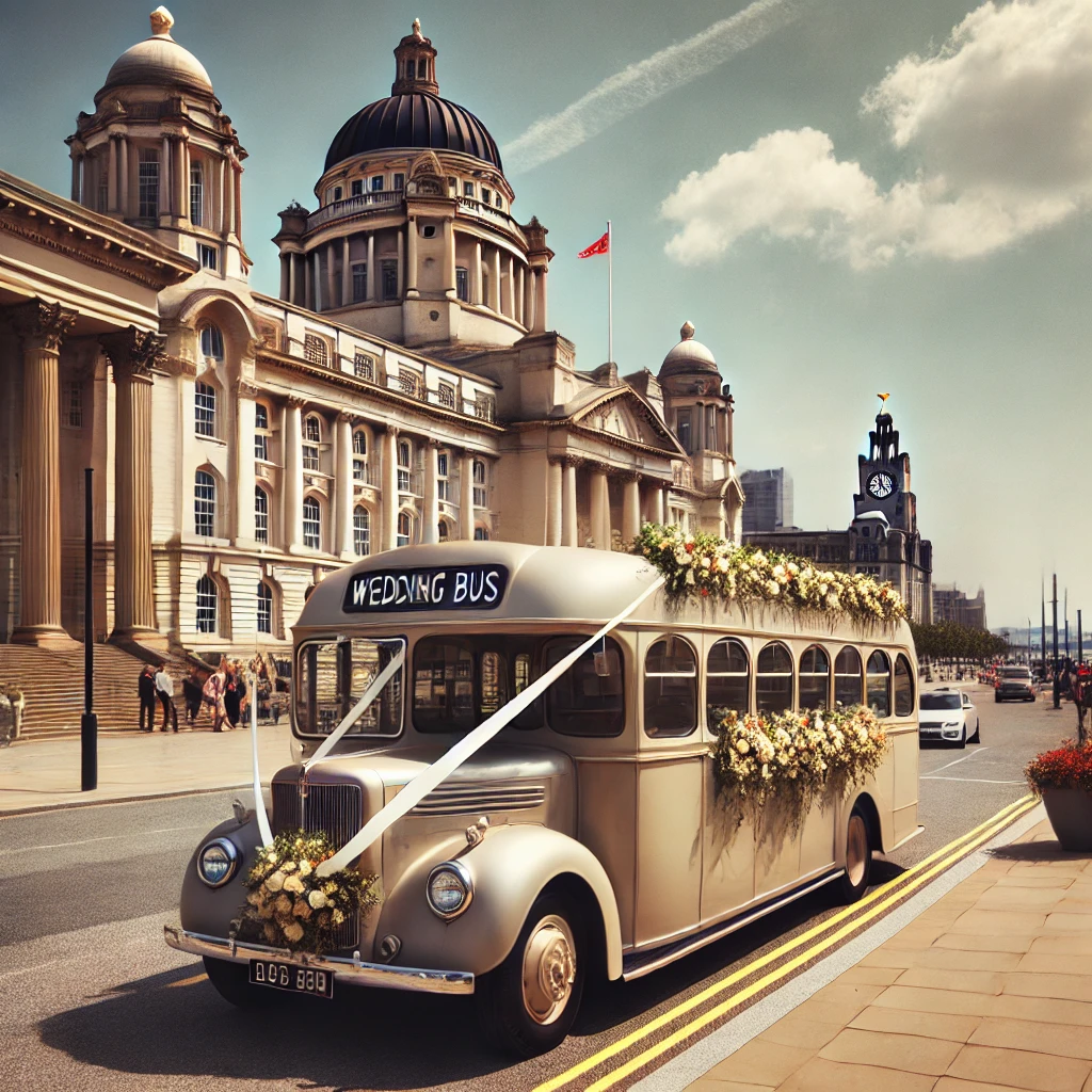 Elegant Wedding Buses in Liverpool decorated with flowers and ribbons, parked near a historic building in Liverpool with wedding guests nearby and the Liverpool skyline in the background.