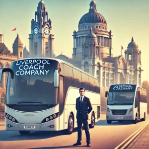 About us | Modern coach and minibus with the Liverpool Coach Company logo, parked near a scenic landmark. A professional driver stands beside the vehicles, ready to greet passengers. The sky is clear, creating an inviting and professional atmosphere. The buses do not have any city name written on them."