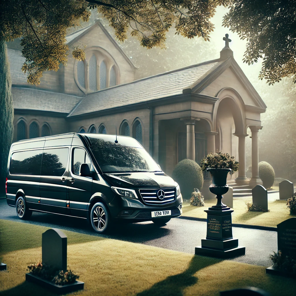 Liverpool Funeral Minibus Hire: Sleek black minibus parked in front of a peaceful funeral home in Liverpool, with a calm atmosphere and well-maintained greenery.